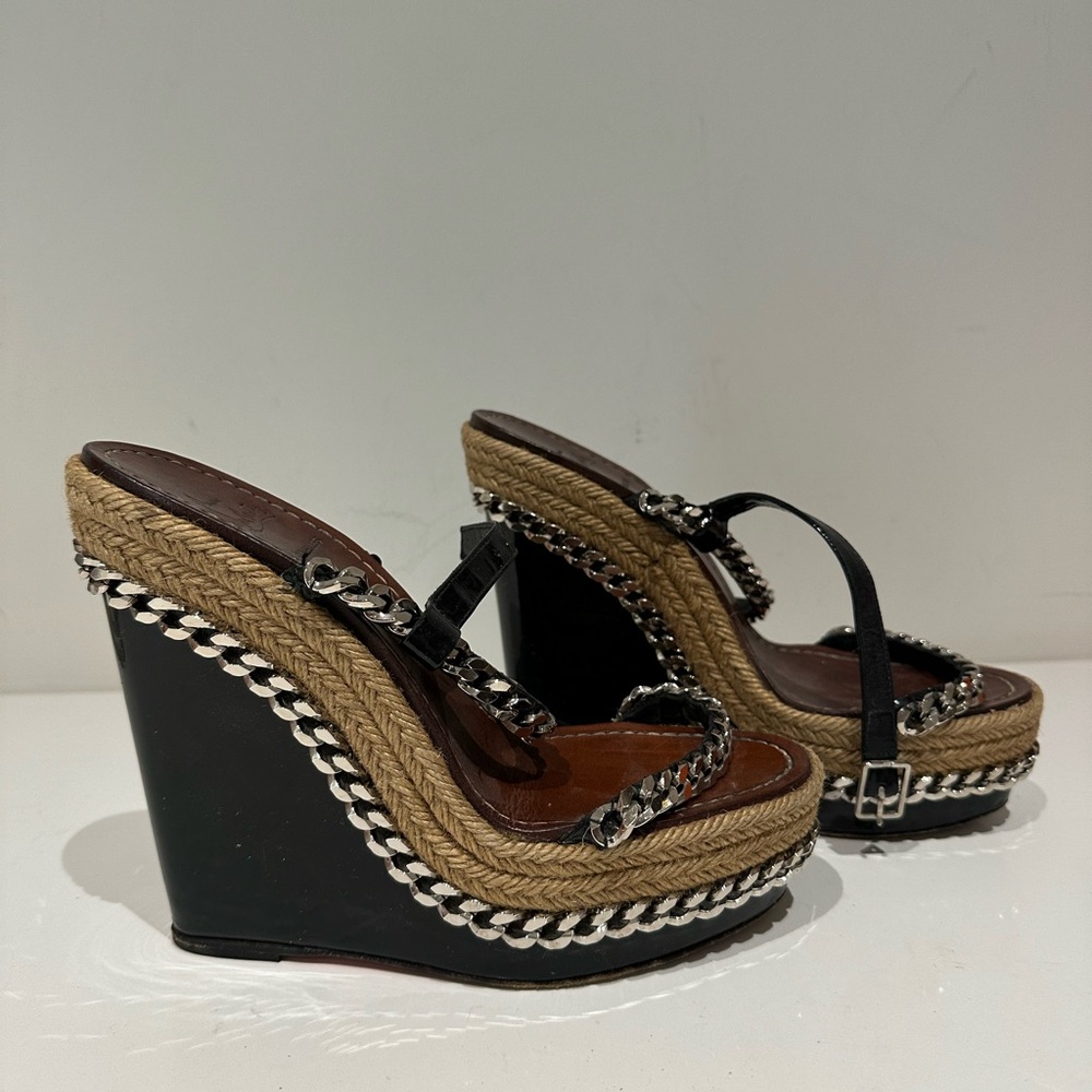 Christian Louboutin Black and Tan Wedges with Criss-Cross Straps